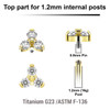 UTP12X07 Pack of 5 Gold PVD plated Titanium G23 Internally threaded labret trinity tops with three 2mm prong set CZ stones, Thread size 0.9mm