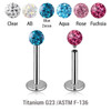 YLB12BF3 Pack of 10 high polished titanium internally threaded labrets, Thickness 1.2mm, with 3mm multi-crystal balls with epoxy resin cover.