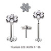 KLBXXX01 Pack of 5 high polished titanium threadless push in labrets with 5mm flower shaped top with prong set CZ stones KLBXXX01 Pack of 5 high polished titanium threadless push in labrets with 5mm flower shaped top with prong set CZ stones