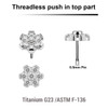 KTP05X01 Pack of 5 Titanium G23 threadless push in labret tops in flower shape with prong set CZ stones