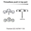 KTP05X08 Pack of 5 Titanium G23 threadless push in labret top with an elongated top with 3 bezel set crystals