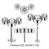 KLBXXX08 Pack of 5 high polished titanium threadless push in labrets with an elongated top with three bezel set crystals