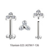 KLBXXX09 Pack of 5 high polished titanium threadless push in labrets with a trinity top with three 1.5mm prong set CZ stones