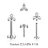 KLBXXX09 Pack of 5 high polished titanium threadless push in labrets with a trinity top with three 1.5mm prong set CZ stones