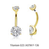 UBN16CZ58 Wholesale pack of 3 Gold PVD plated titanium internally threaded belly bananas, Thickness 1.6mm, with 5 mm and 8 mm round prong set CZ stones