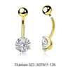 UBN16B5CZ8 Wholesale pack of 3 Gold PVD plated titanium internally threaded belly bananas, Thickness 1.6mm, with 5 mm titanium ball and lower 8 mm prong set round CZ stone UBN16B5CZ8 Wholesale pack of 3 Gold PVD plated titanium internally threaded belly bananas, Thickness 1.6mm, with 5 mm titanium ball and lower 8 mm prong set round CZ stone
