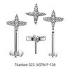 KLBXXX06 Pack of 5 high polished titanium threadless push in labrets with cross-shaped top with prong set CZ stones
