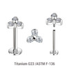 KLBXXX07 Pack of 5 high polished titanium threadless push in labrets with a trinity top with three 2mm prong set CZ stones