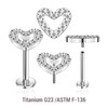 KLBXXX12 Pack of 5 high polished titanium threadless push in labrets with a CZ studded heart top