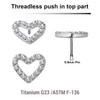 KTP05X12 Pack of 5 Titanium G23 threadless push in labret top with CZ studded heart shaped top