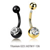 EBN16B5J8 Wholesale pack of 5 Gold PVD plated Titanium G23 belly bananas, Thickness 1.6mm, with plain titanium 5mm top ball and lower 8 mm bezel set crystal ball