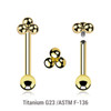 UBA12X17 Pack of 3 Gold PVD plated titanium internally threaded barbells, Thickness 1.2mm, with a plain trinity top and a lower 3mm plain ball UBA12X17 Pack of 3 Gold PVD plated titanium internally threaded barbells, Thickness 1.2mm, with a plain trinity top and a lower 3mm plain ball