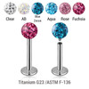 YLB12BF4 Pack of 10 high polished titanium internally threaded labrets, Thickness 1.2mm, with 4mm multi-crystal balls with epoxy resin cover. YLB12BF4 Pack of 10 high polished titanium internally threaded labrets, Thickness 1.2mm, with 4mm multi-crystal balls with epoxy resin cover.