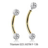 UBN12BF3 Pack of 5 Gold PVD plated titanium internally threaded eyebrow bananas, Thickness 1.2mm, with two 3mm multi-crystal balls with epoxy resin cover.