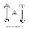 YBA12X21 Pack of 5 high polished titanium internally threaded tragus barbells, Thickness 1.2mm, with a triangle top with bezel set CZ and a lower 3mm plain ball