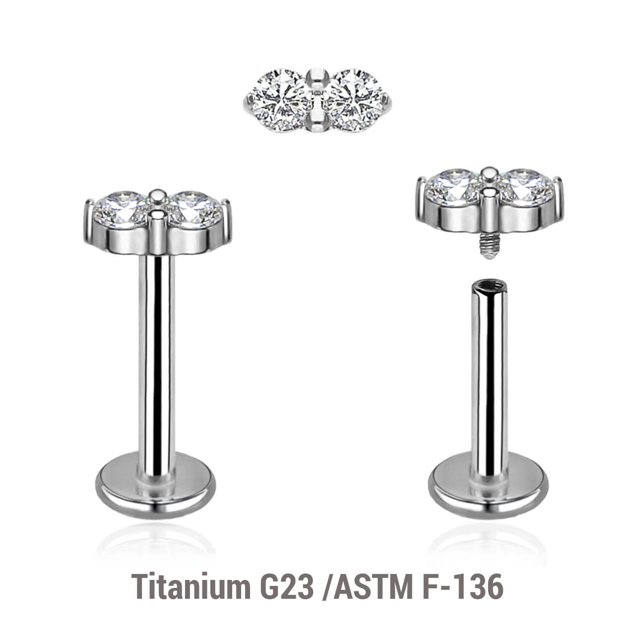 YLB12X20 Pack of 5 high polished titanium internally threaded labrets, Thickness 1.2mm, with twin 2mm prong set CZ stones
