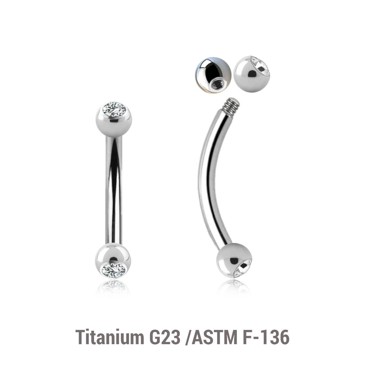TBN12BJ25 Pack of 10 Titanium eyebrow bananas, Thickness 1.2mm, with two 2.5mm bezel set crystal balls