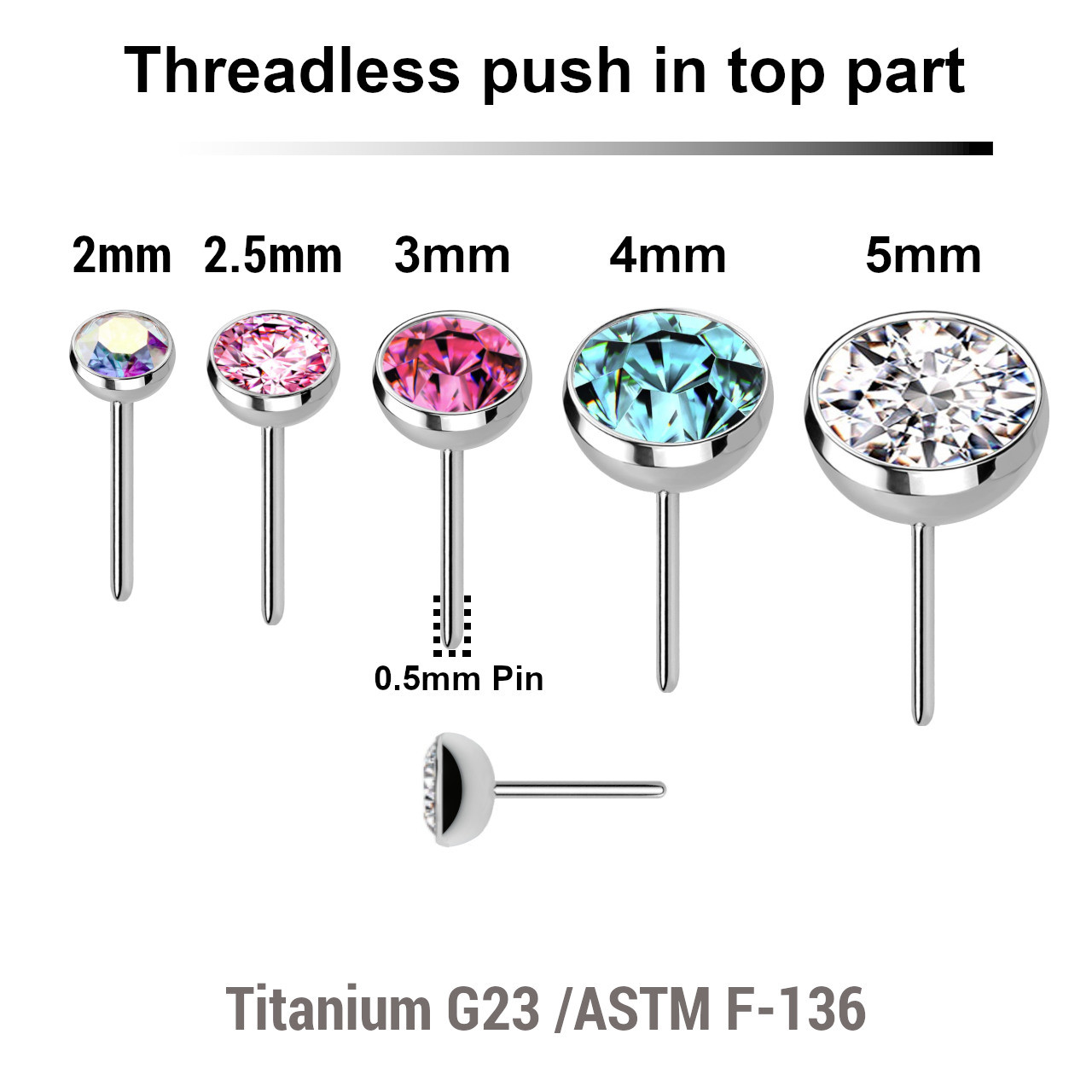 KYB05JH Pack of 10 Titanium half ball crystal tops for threadless body jewelry