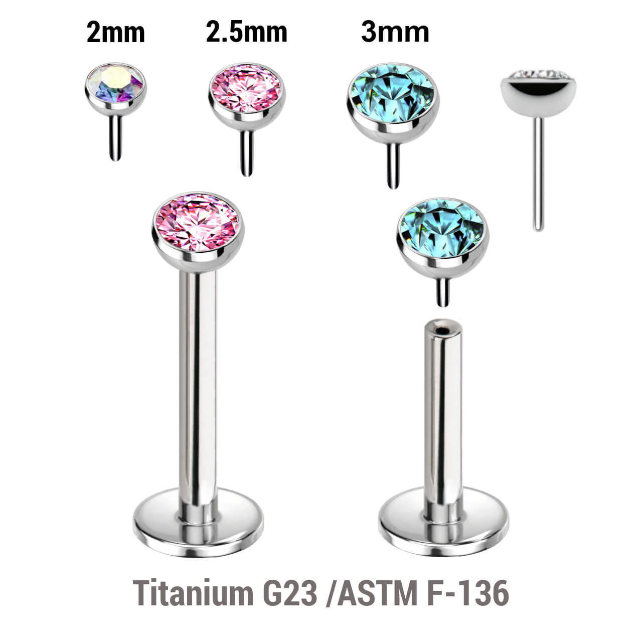 KLB12JH Pack of 5 high polished titanium threadless push in labrets, Thickness 1.2mm with flat jewel ball tops