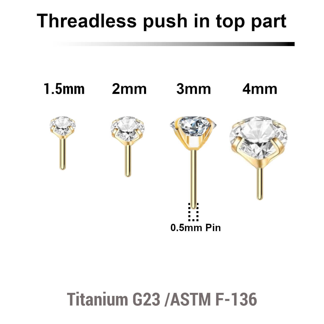 LTP05CZ Pack of 10 Gold PVD plated Titanium threadless push in labret tops with prong set round CZ