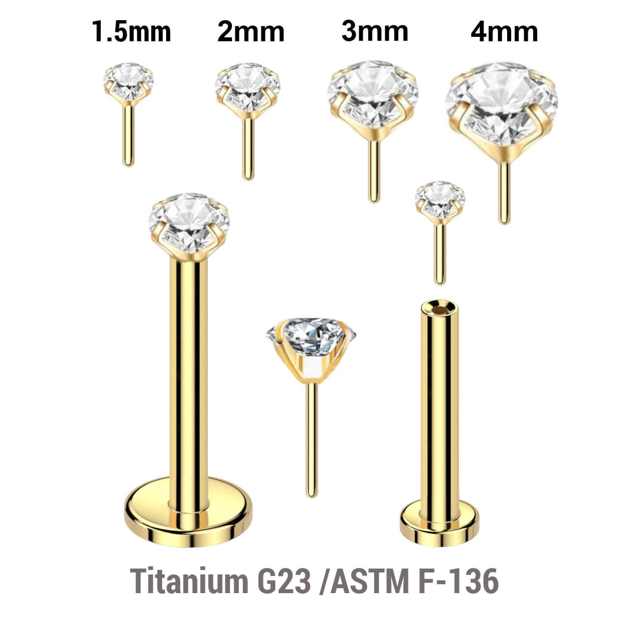 LLB12CZ Pack of 5 Gold PVD plated Titanium threadless push in labrets, Thickness 1.2mm, with prong set round CZ stones.