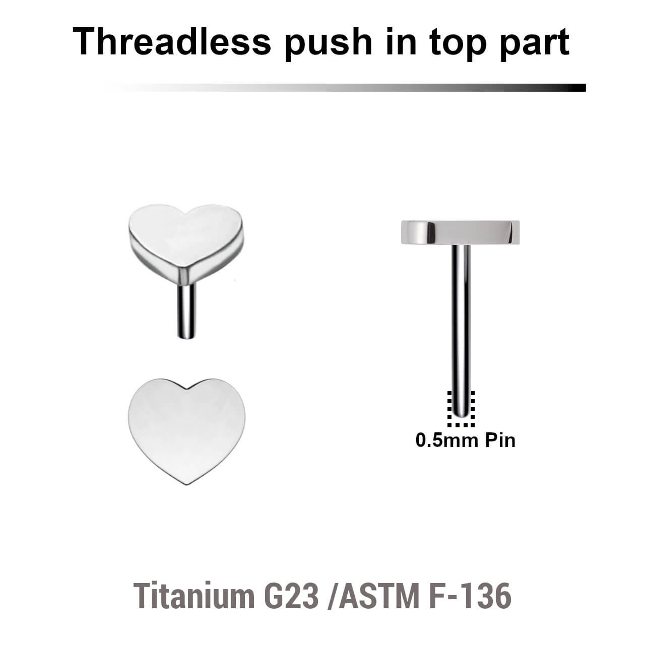 KTP05H3 Pack of 5 Titanium G23 threadless push in labret top with 3mm flat heart tops