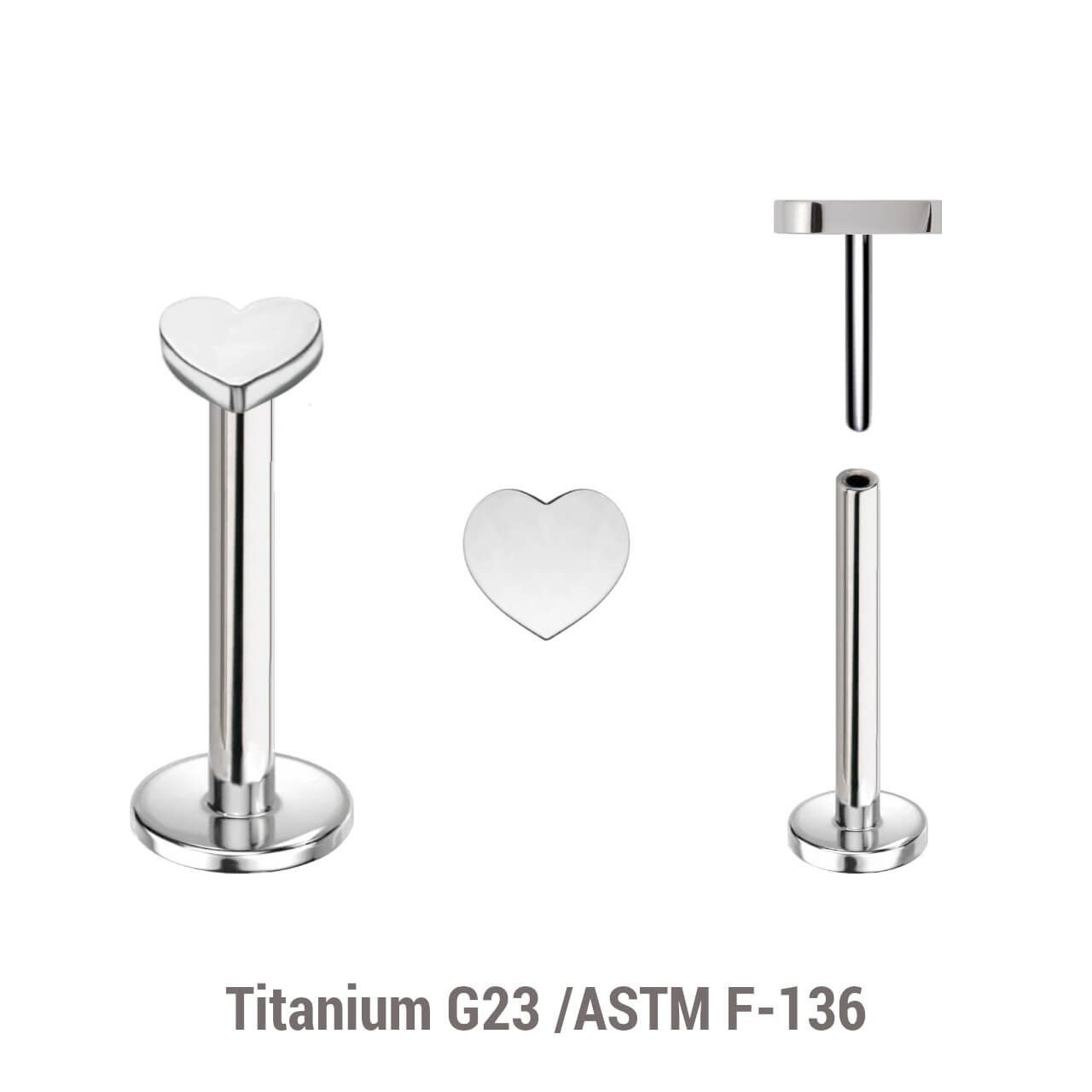 KLBXXH3 Pack of 5 high polished titanium threadless push in labrets with 3mm flat heart shaped tops