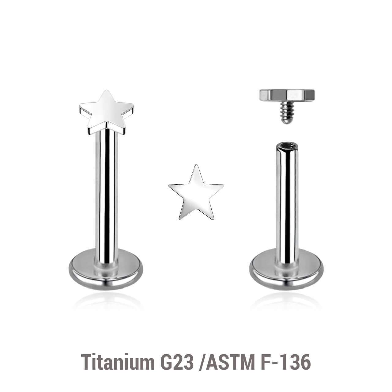 YLB12ST3 Pack of 10 high polished titanium internally threaded labrets, Thickness 1.2mm, with 3mm flat star tops