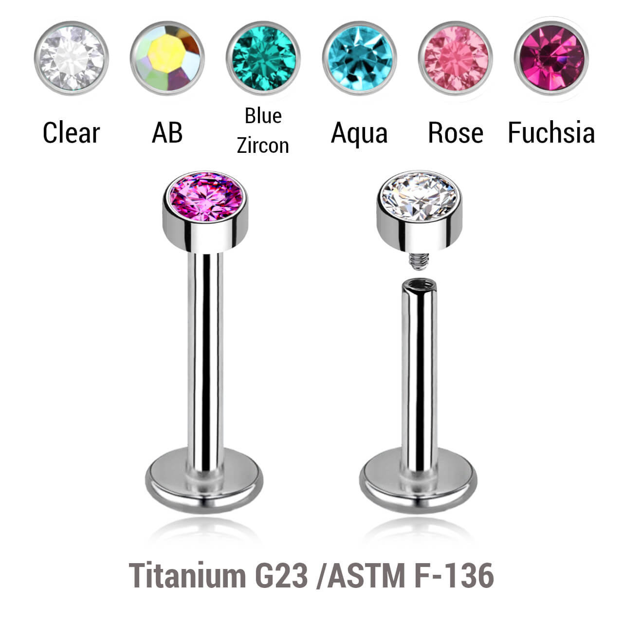 YLB12X23 Pack of 5 high polished titanium internally threaded labrets, Thickness 1.2mm, with a 3mm bezel set crystal round disk top