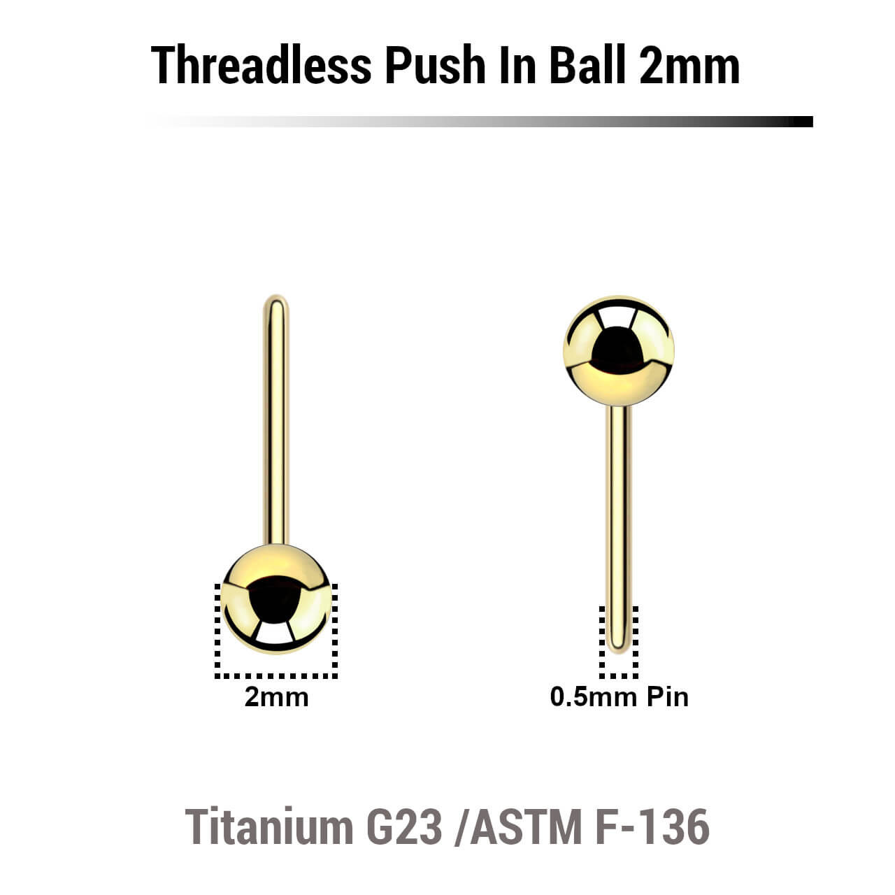 LYB05N2 Pack of 10 Gold PVD plated titanium balls with 2mm diameter for threadless push in post