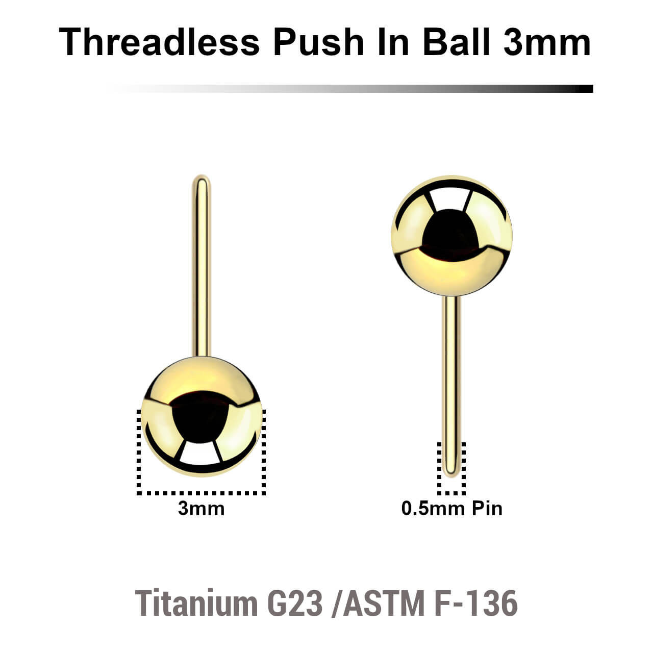 LYB05N3 Pack of 10 Gold PVD plated titanium balls with 3mm diameter for threadless push in post