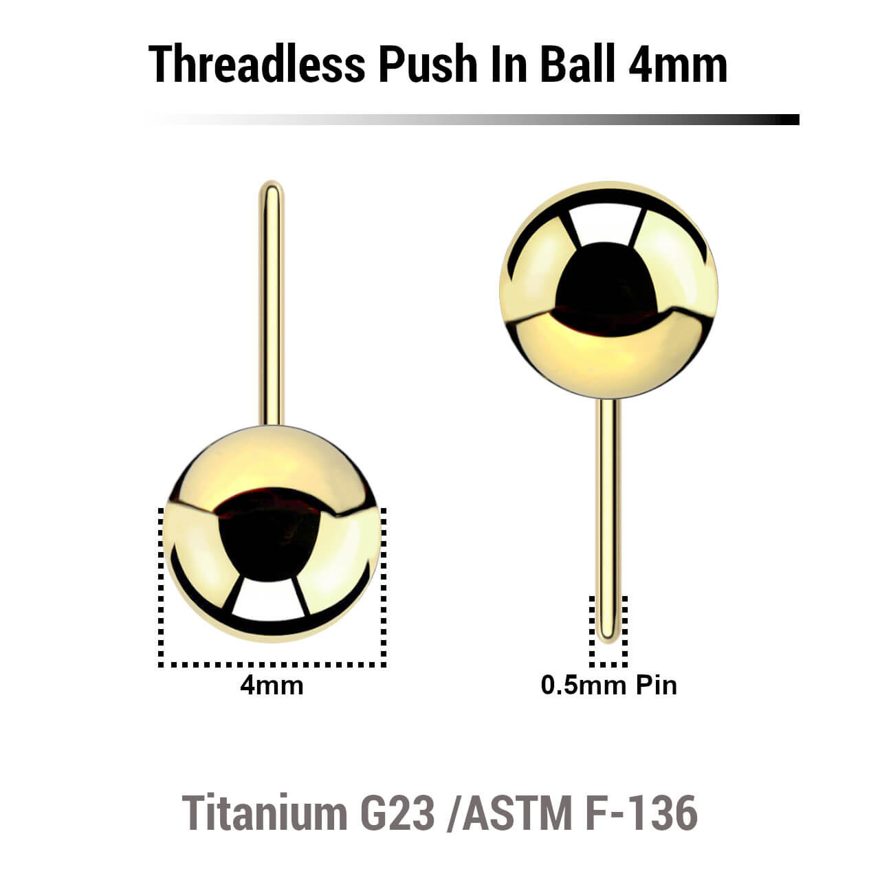 LYB05N4 Pack of 10 Gold PVD plated titanium balls with 4mm diameter for threadless push in post