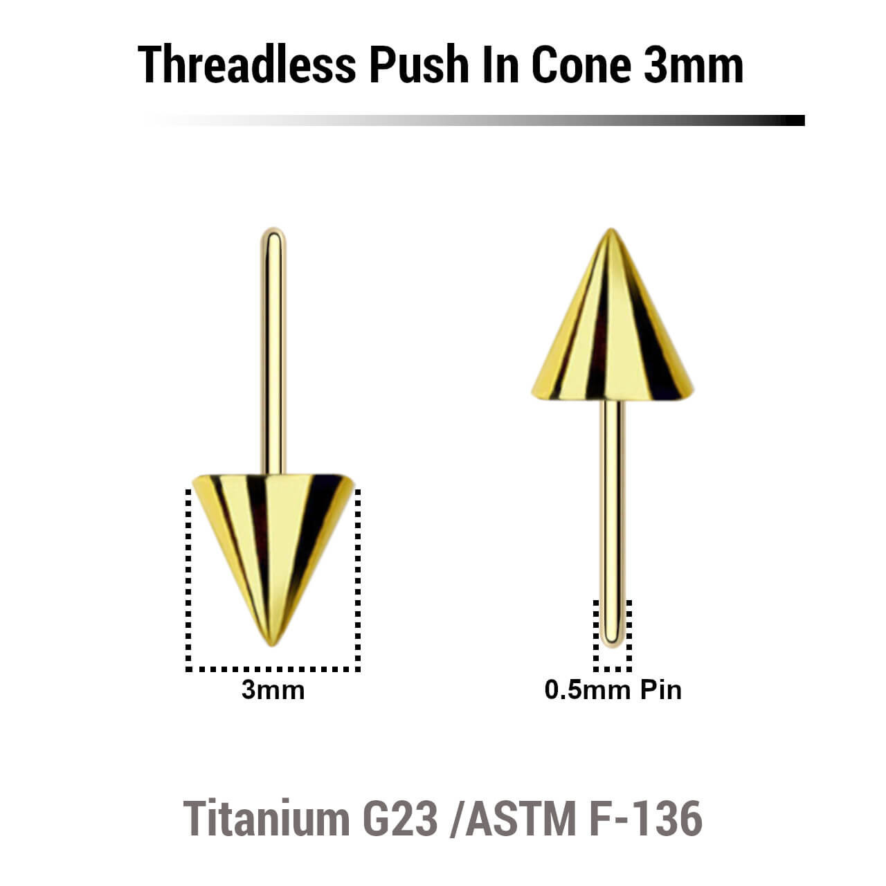LYC05N3 Pack of 10 Gold PVD plated titanium cones with 3mm diameter for threadless push in post