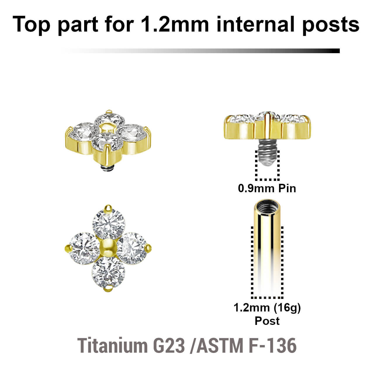 UTP12X10 Pack of 5 Gold PVD plated Titanium G23 Internally threaded labret tops with 4 round prong set CZ stones, Thread size 0.9mm
