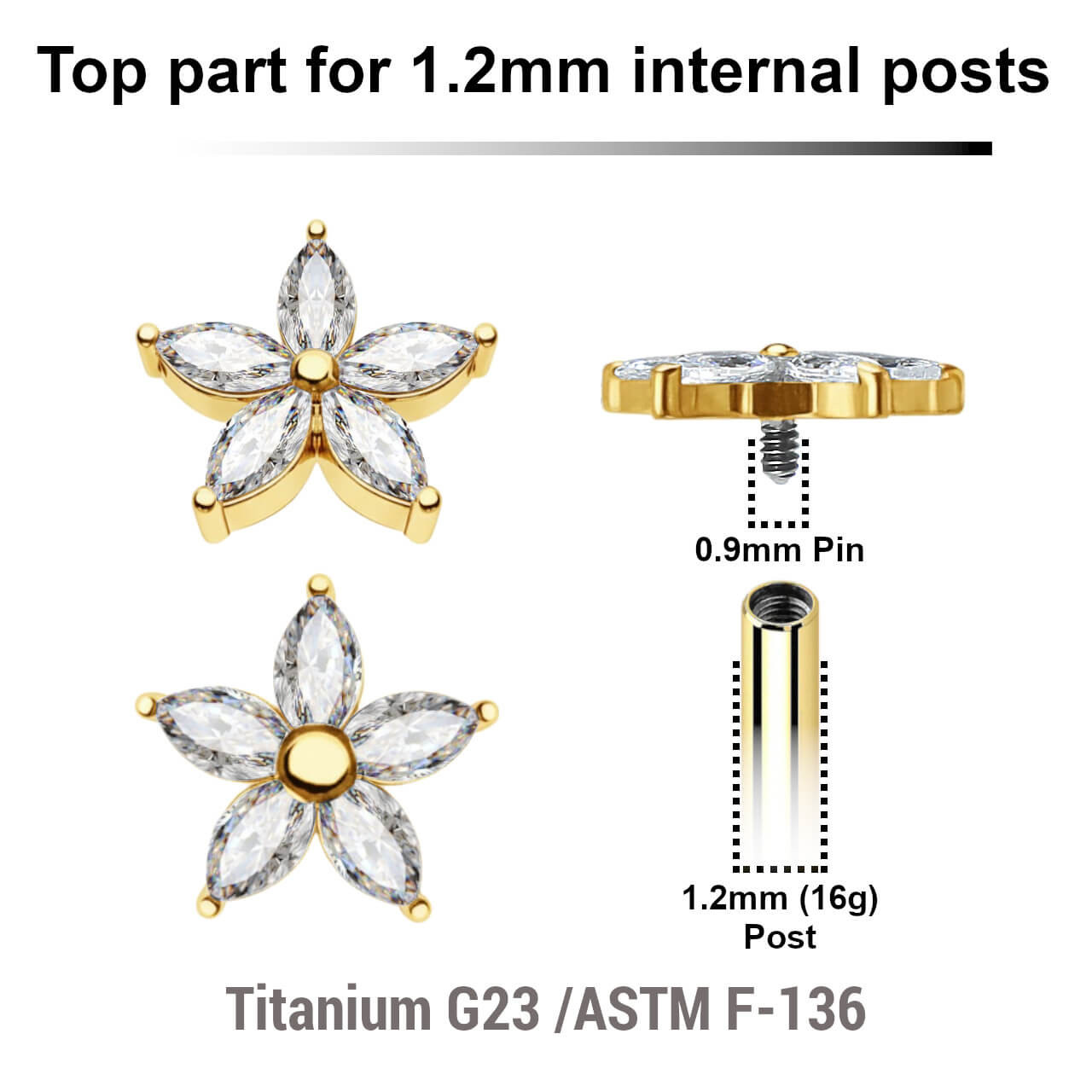 UTP12X11 Pack of 5 Gold PVD plated Titanium G23 Internally threaded labret tops with a flower top with 5 CZ petals, Thread size 0.9mm