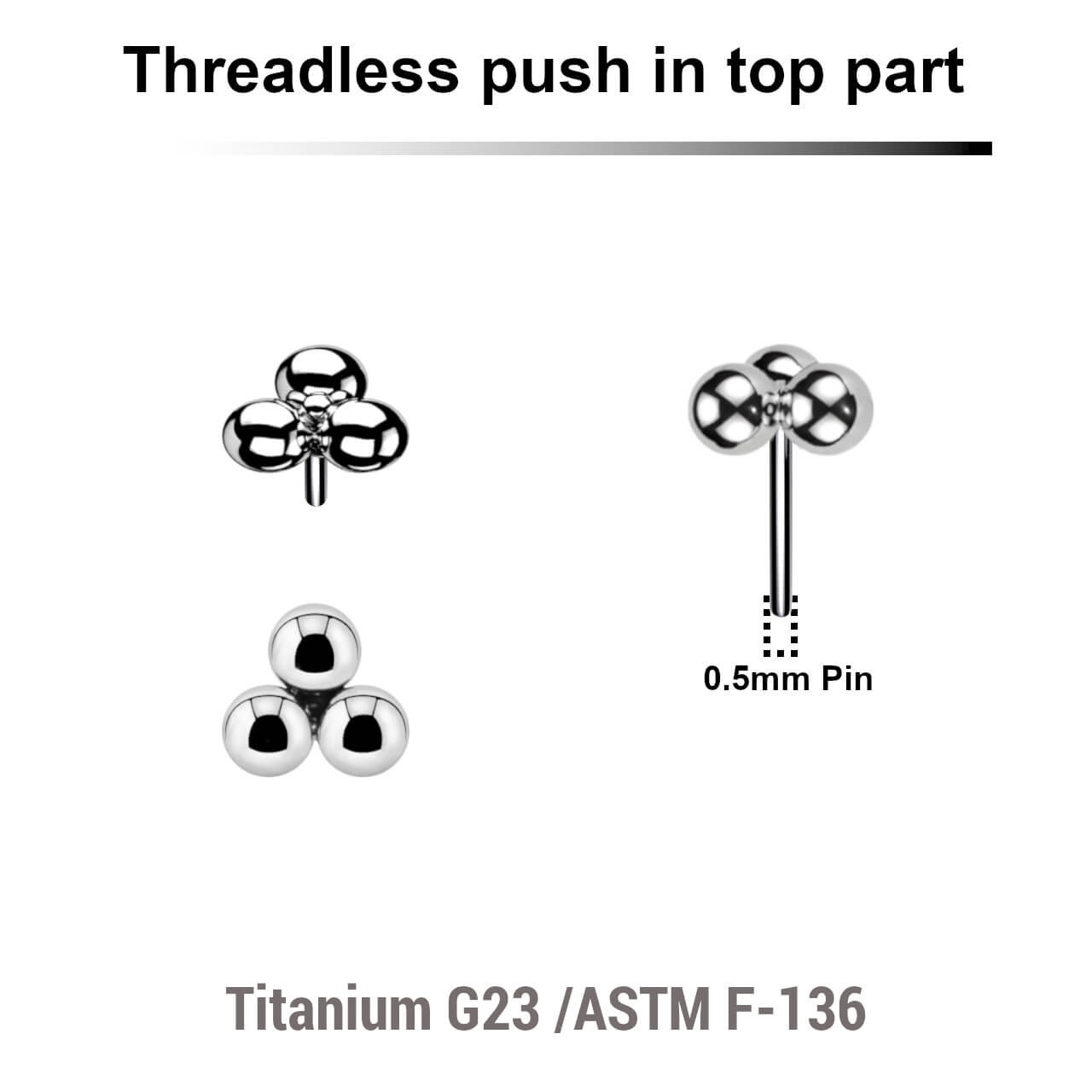 KTP05X17 Pack of 5 Titanium G23 threadless push in labret top with a plain trinity ball design