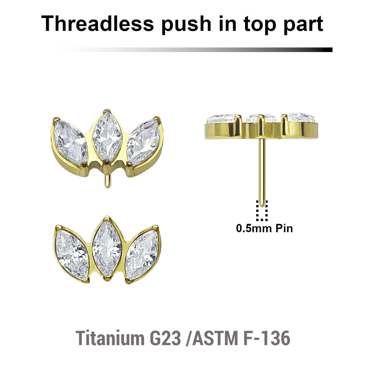 LTP05X03 Pack of 5 Gold PVD plated Titanium threadless push in labret top with 3 marquis cut prong set CZ stones