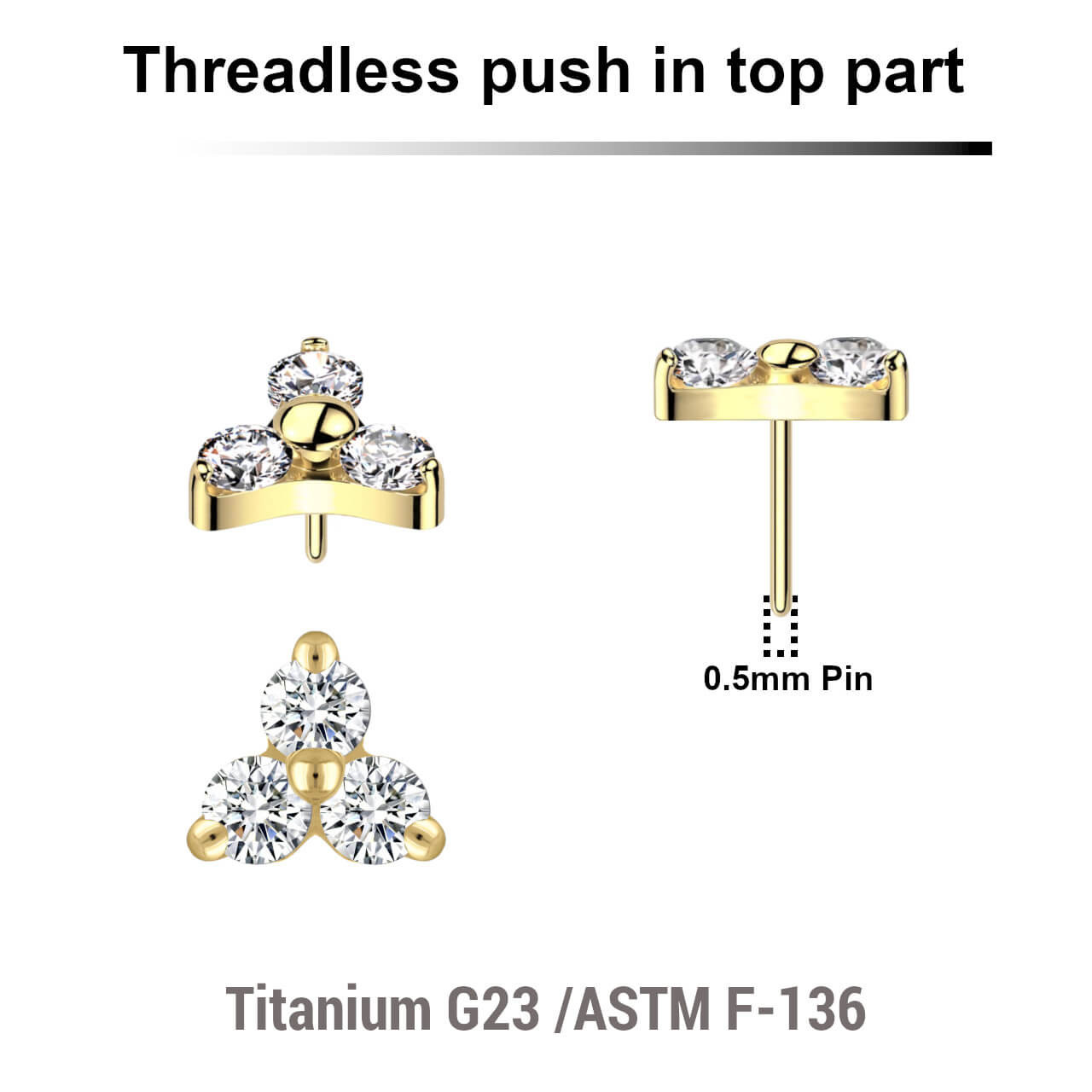 LTP05X07 Pack of 5 Gold PVD plated Titanium threadless push in labret trinity top with 3 round prong set 2mm CZ stones
