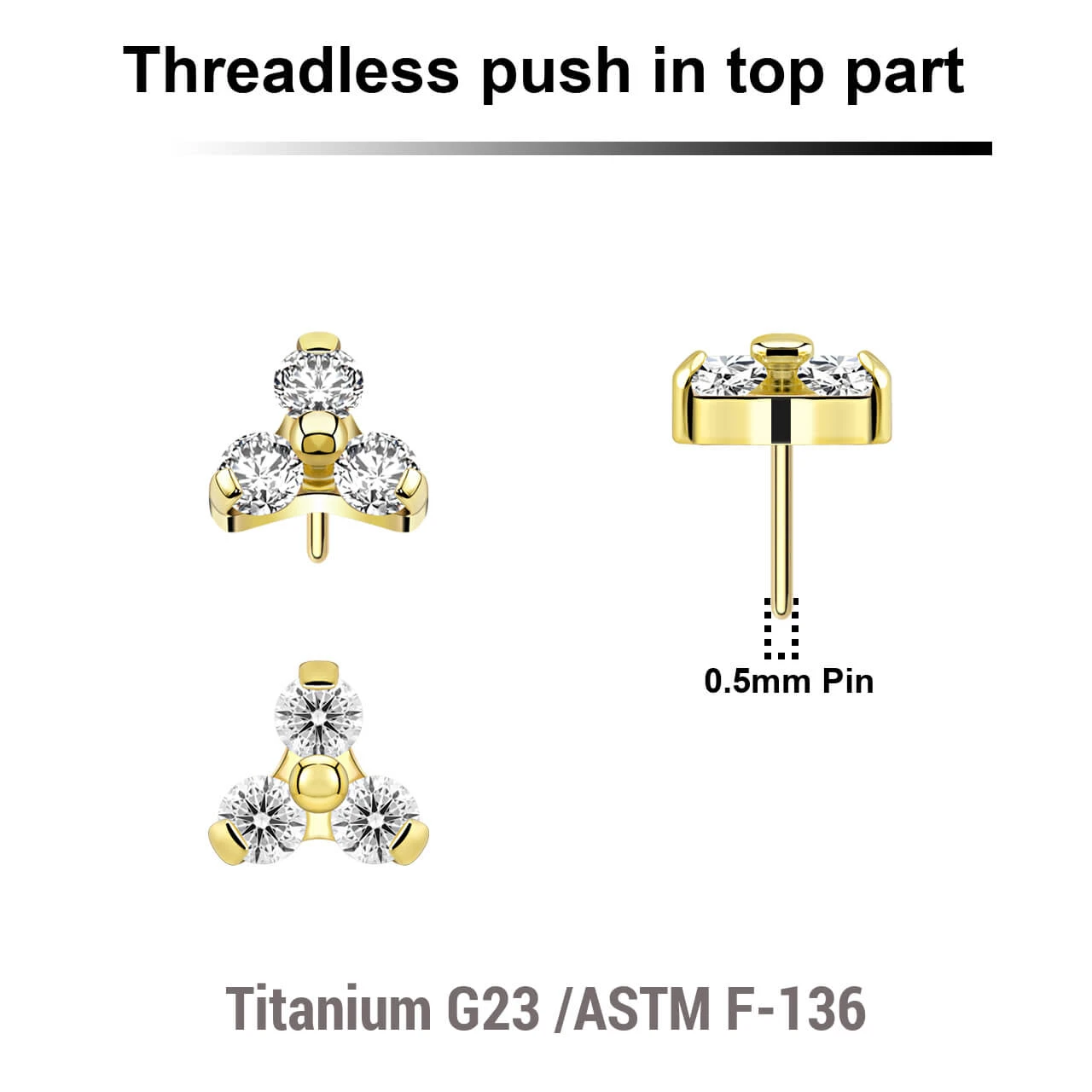 LTP05X07 Pack of 5 Gold PVD plated Titanium threadless push in labret trinity top with 3 round prong set 2mm CZ stones