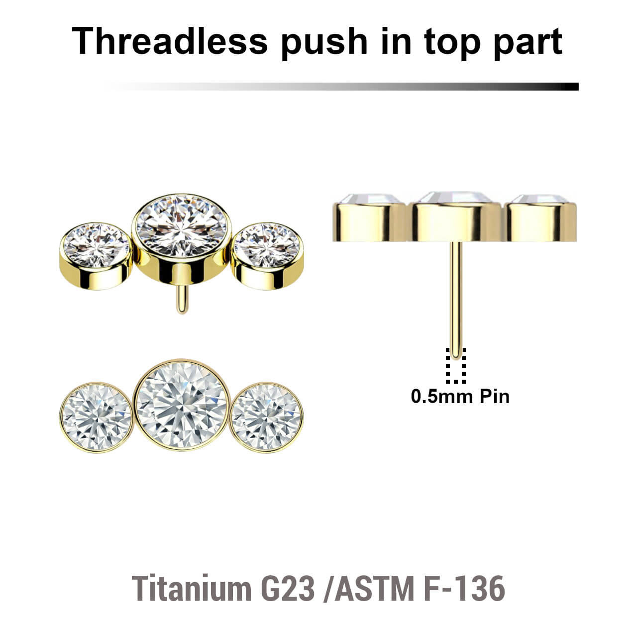 LTP05X08 Pack of 5 Gold PVD plated Titanium threadless push in labret top with an elongated top with 3 bezel set crystals