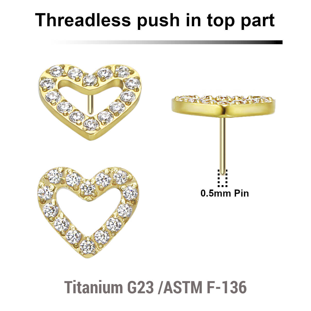 LTP05X12 Pack of 5 Gold PVD plated Titanium threadless push in labret top with CZ studded heart shaped top