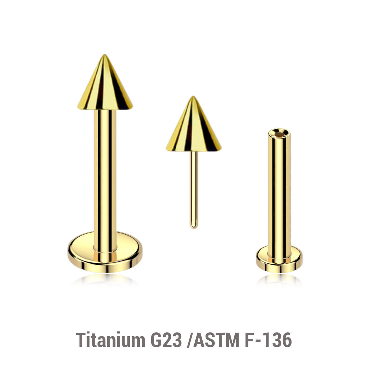 LLBXXC3 Pack of 10 Gold PVD plated Titanium threadless push in labrets, Cone size 3mm