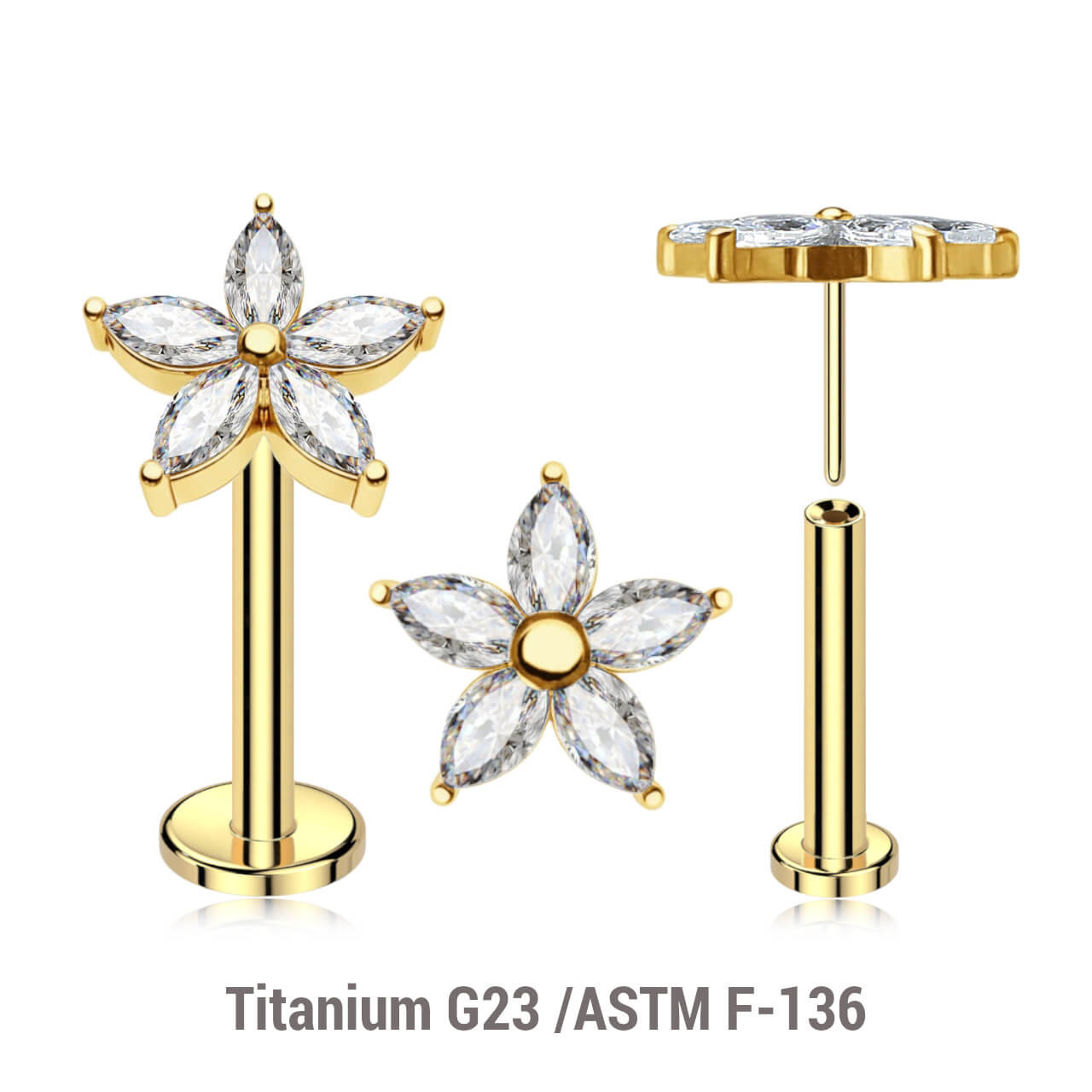 LLBXXX11 Pack of 5 Gold PVD plated Titanium threadless push in labrets, with a flower top with 5 CZ petals
