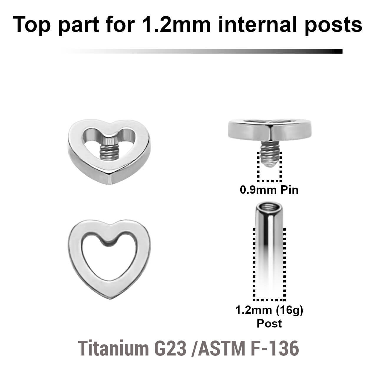 YTP12X26 Pack of 5 Titanium Internally threaded labret tops with a plain heart design, Thread size 0.9mm