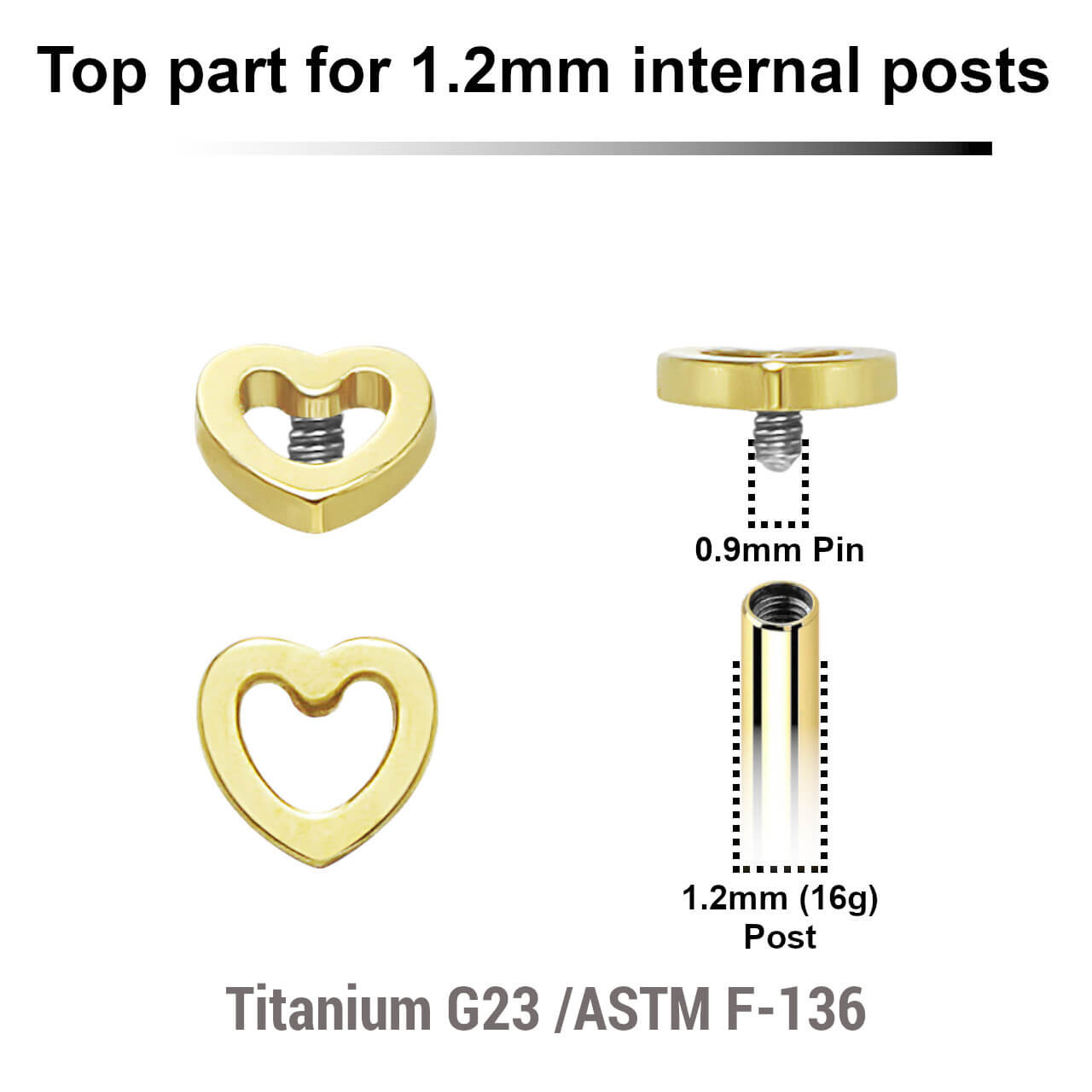 UTP12X26 Pack of 5 Gold PVD plated Titanium G23 Internally threaded labret tops with a plain heart design, Thread size 0.9mm