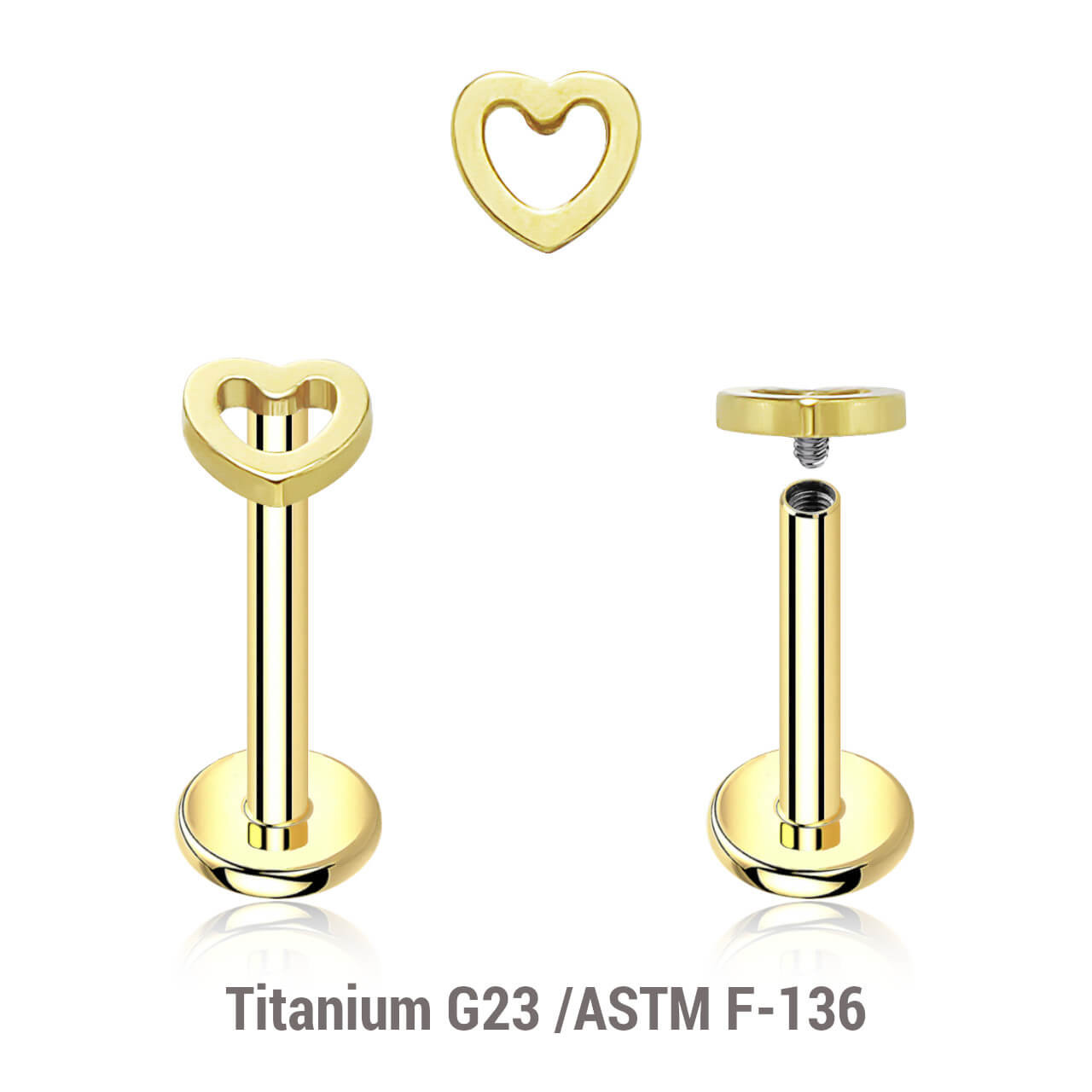 ULB12X26 Pack of 5 Gold PVD plated titanium internally threaded labrets, Thickness 1.2mm, with a plain heart top