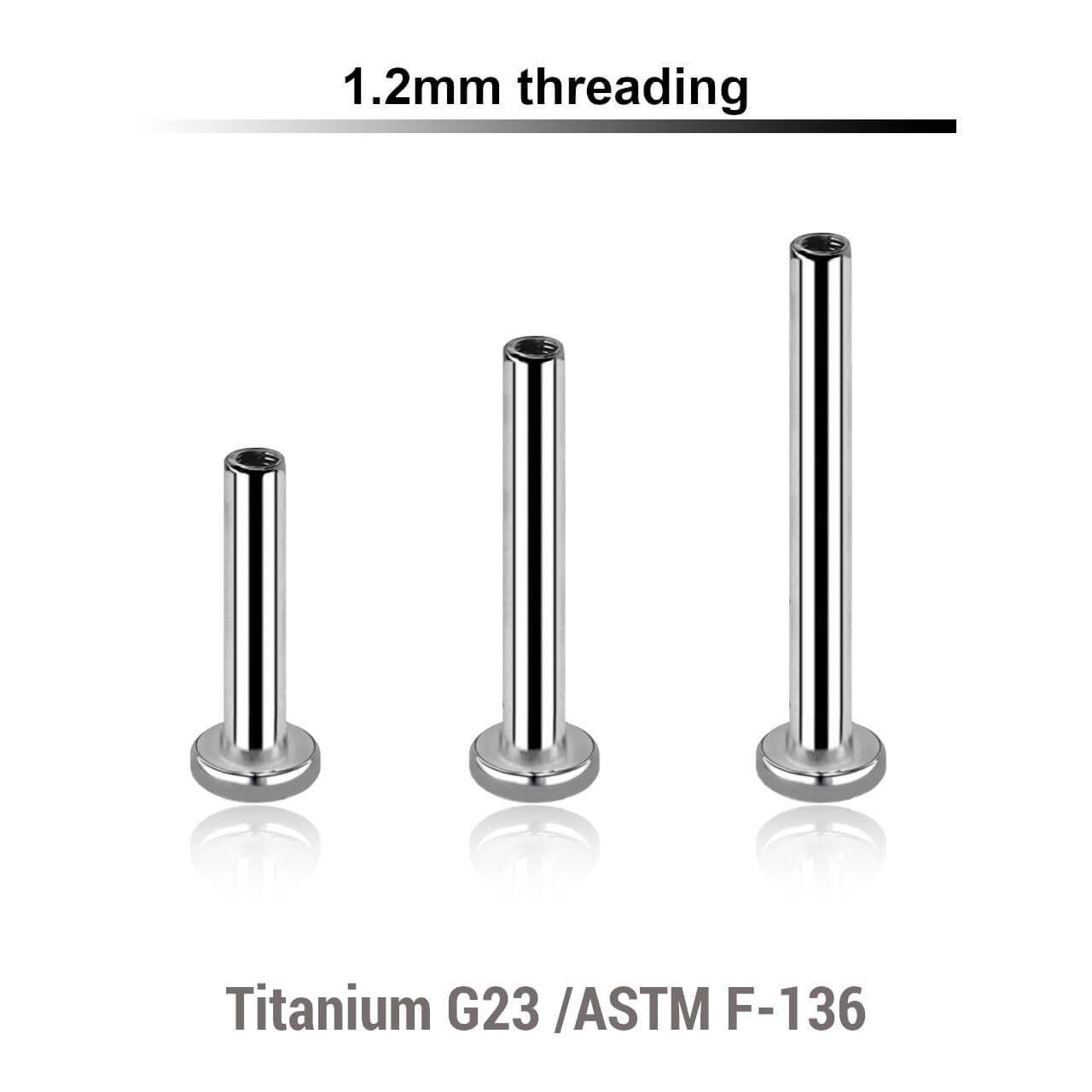 YYLB12NT Pack of 10 internally threaded labret posts with 2.5mm base plate in high polished titanium, thickness 1.2mm