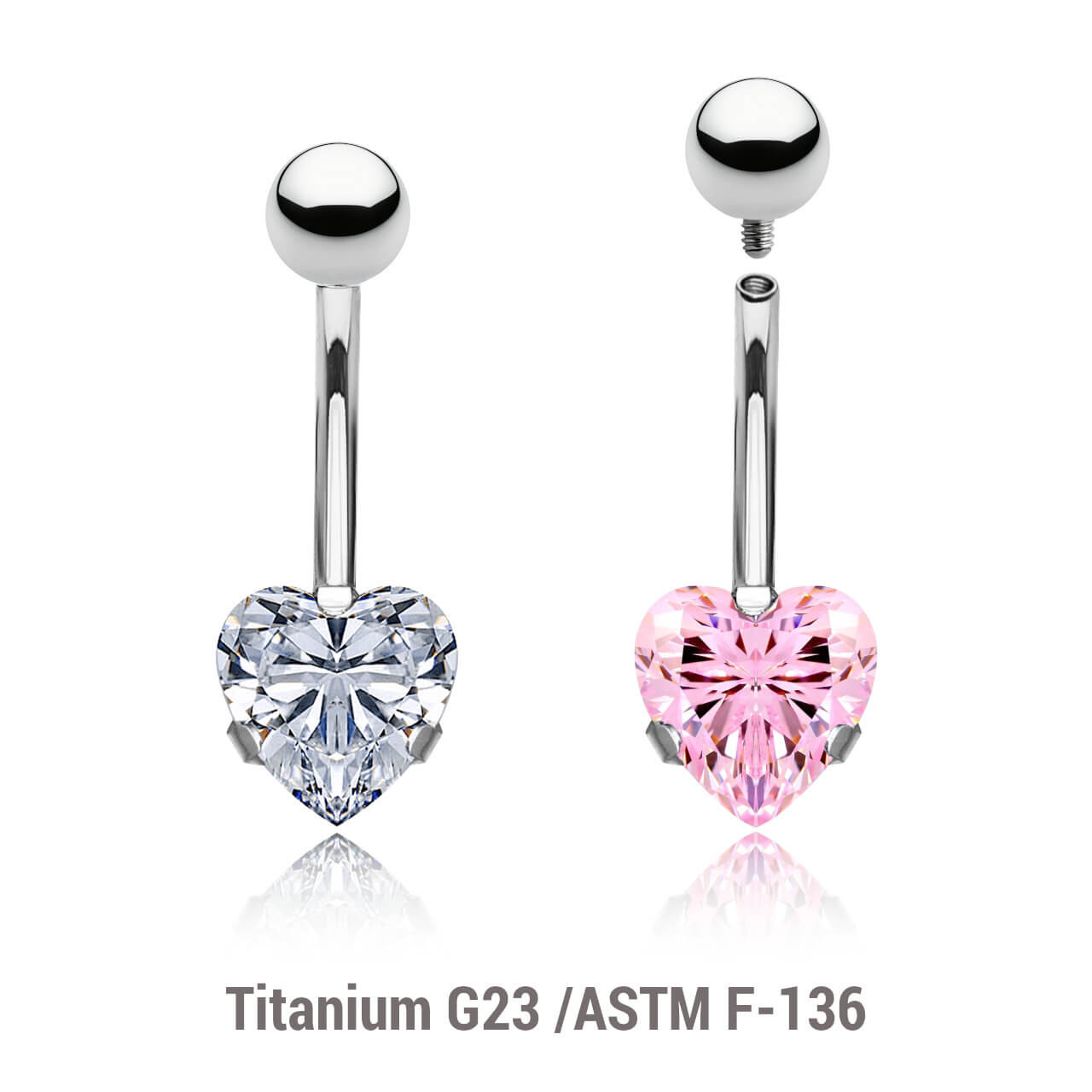 YBN16B5H8 Wholesale pack of 3 high polished titanium internally threaded belly bananas, Thickness 1.6mm, with a lower 8 mm prong set heart CZ stone and a plain 5mm titanium upper ball