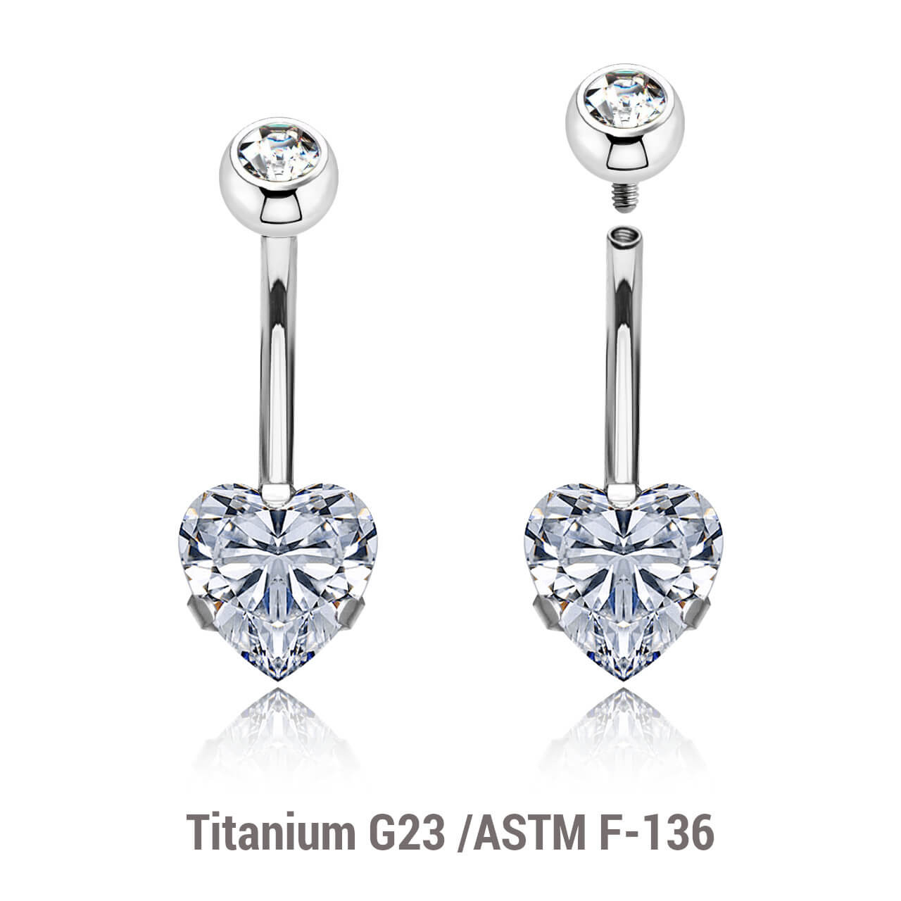 YBN16BJ5H8 Wholesale pack of 3 high polished titanium internally threaded belly bananas, Thickness 1.6mm, with a lower 8mm heart shaped prong set CZ and a upper 5mm bezel set crystal ball.