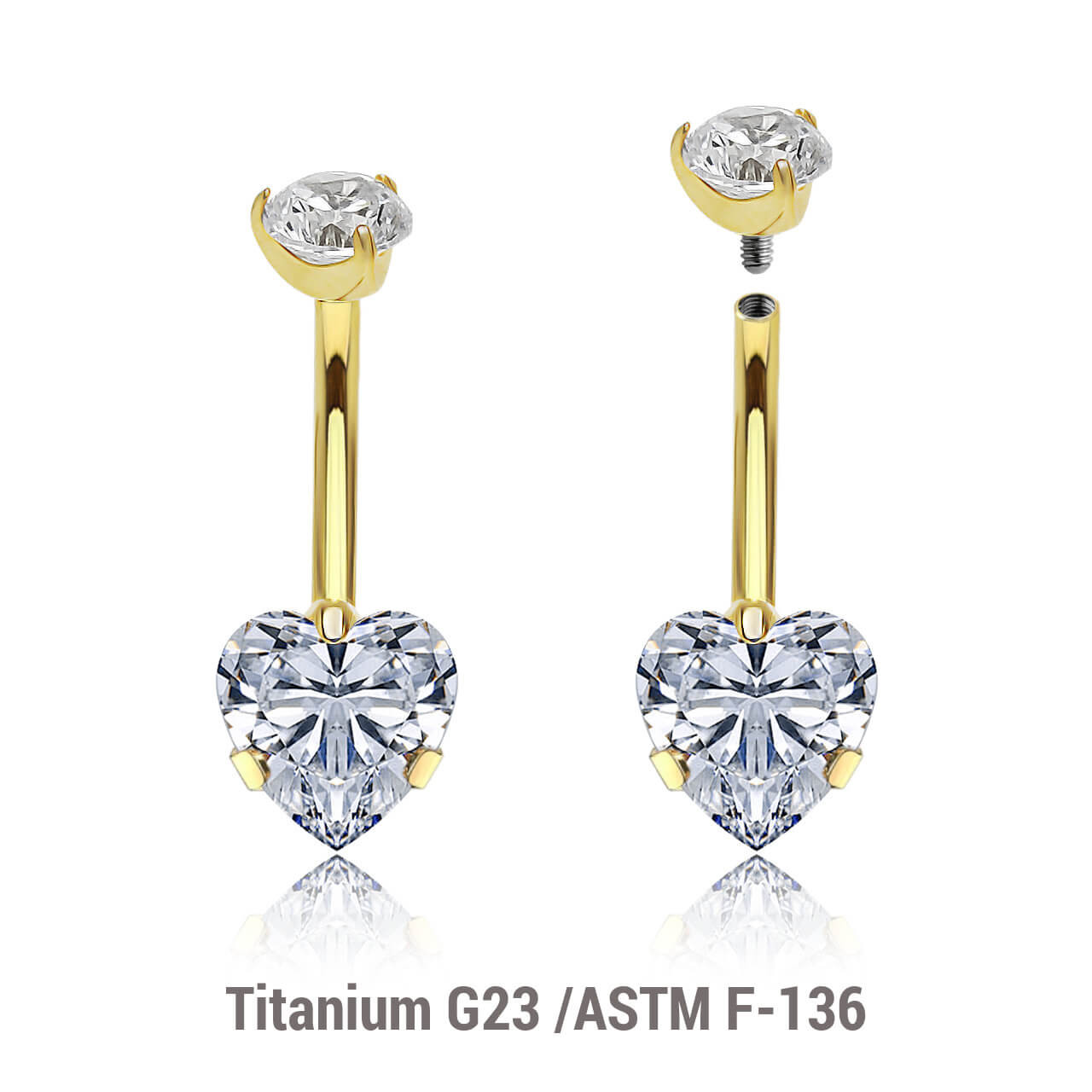 UBN16CZ5H8 Wholesale pack of 3 Gold PVD titanium internally threaded belly bananas, Thickness 1.6mm, with a lower 8mm prong set heart CZ and a upper 5mm prong set round CZ